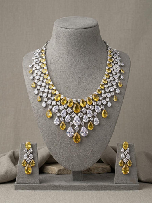 American Diamond Bridal Necklace Set | CZ Statement Wedding Jewelry (Necklace + Earrings)