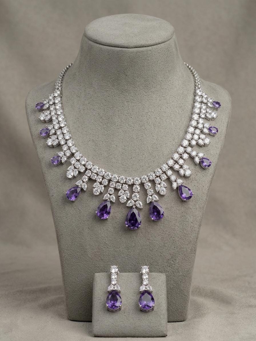 American Diamond Bridal Necklace Set, CZ Statement Jewelry, Indian Wedding Earrings