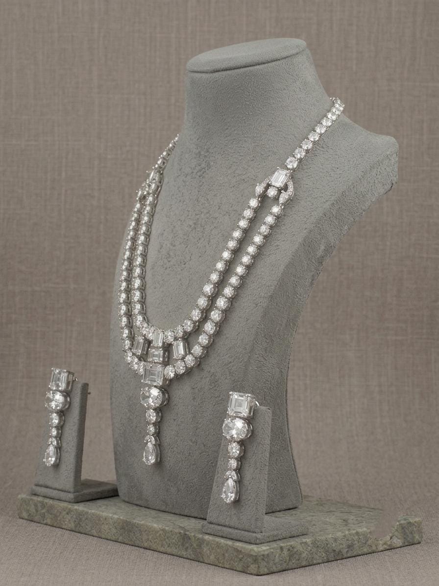 American Diamond Long Necklace Set, Indian Bridal Jewelry, CZ Statement Earrings