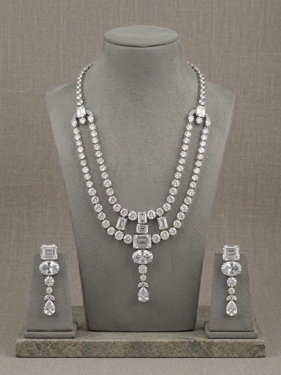 American Diamond Long Necklace Set, Indian Bridal Jewelry, CZ Statement Earrings