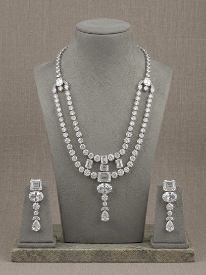 American Diamond Long Necklace Set, Indian Bridal Jewelry, CZ Statement Earrings