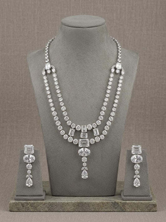 American Diamond Long Necklace Set, Indian Bridal Jewelry, CZ Statement Earrings