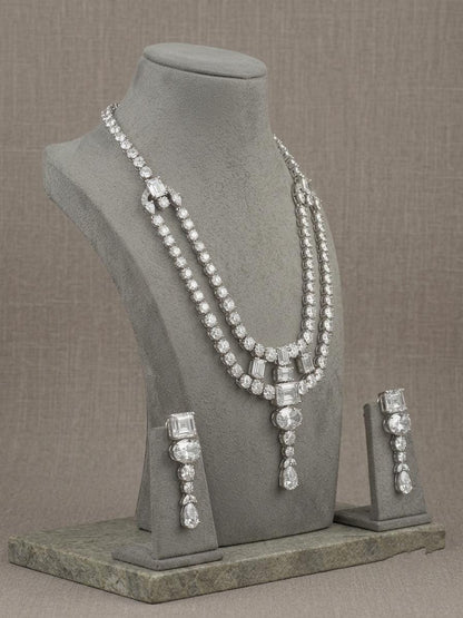 American Diamond Long Necklace Set, Indian Bridal Jewelry, CZ Statement Earrings