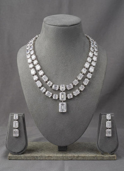 American Diamond CZ Necklace Set, Multi-Layer Statement Jewelry, Bridal Earrings