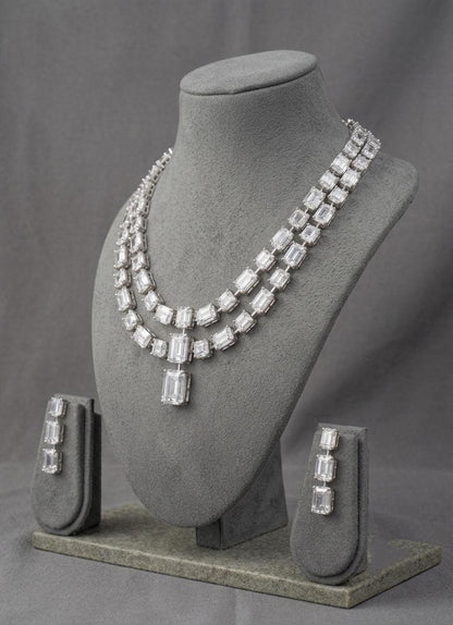 American Diamond CZ Necklace Set, Multi-Layer Statement Jewelry, Bridal Earrings