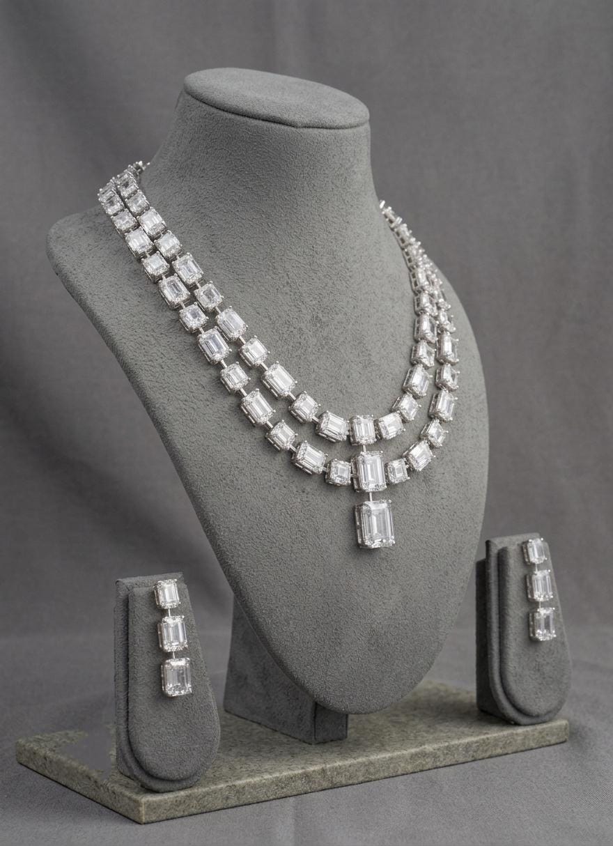 American Diamond CZ Necklace Set, Multi-Layer Statement Jewelry, Bridal Earrings