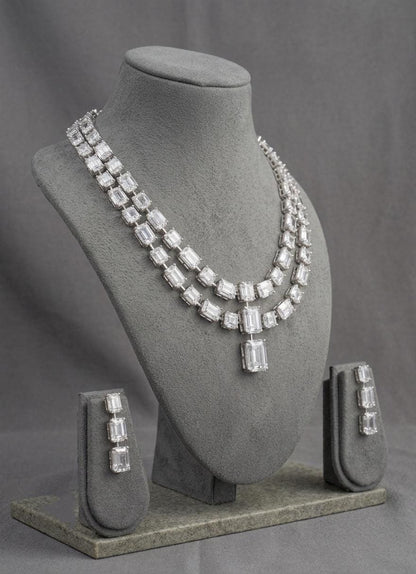 American Diamond CZ Necklace Set, Multi-Layer Statement Jewelry, Bridal Earrings
