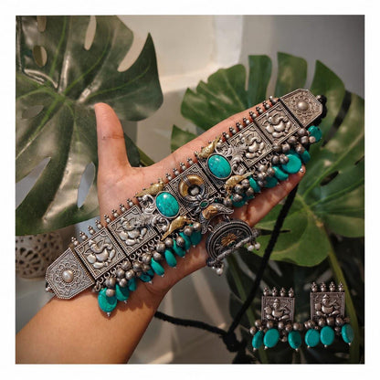 Oxidized Indian Choker Necklace Set | Turquoise Statement Jewelry | Tribal Necklace with Earrings | Wedding Jewelry