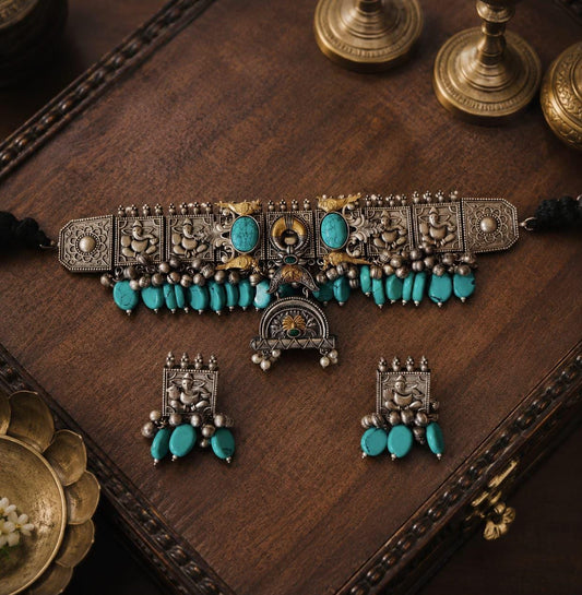 Oxidized Indian Choker Necklace Set | Turquoise Statement Jewelry | Tribal Necklace with Earrings | Wedding Jewelry