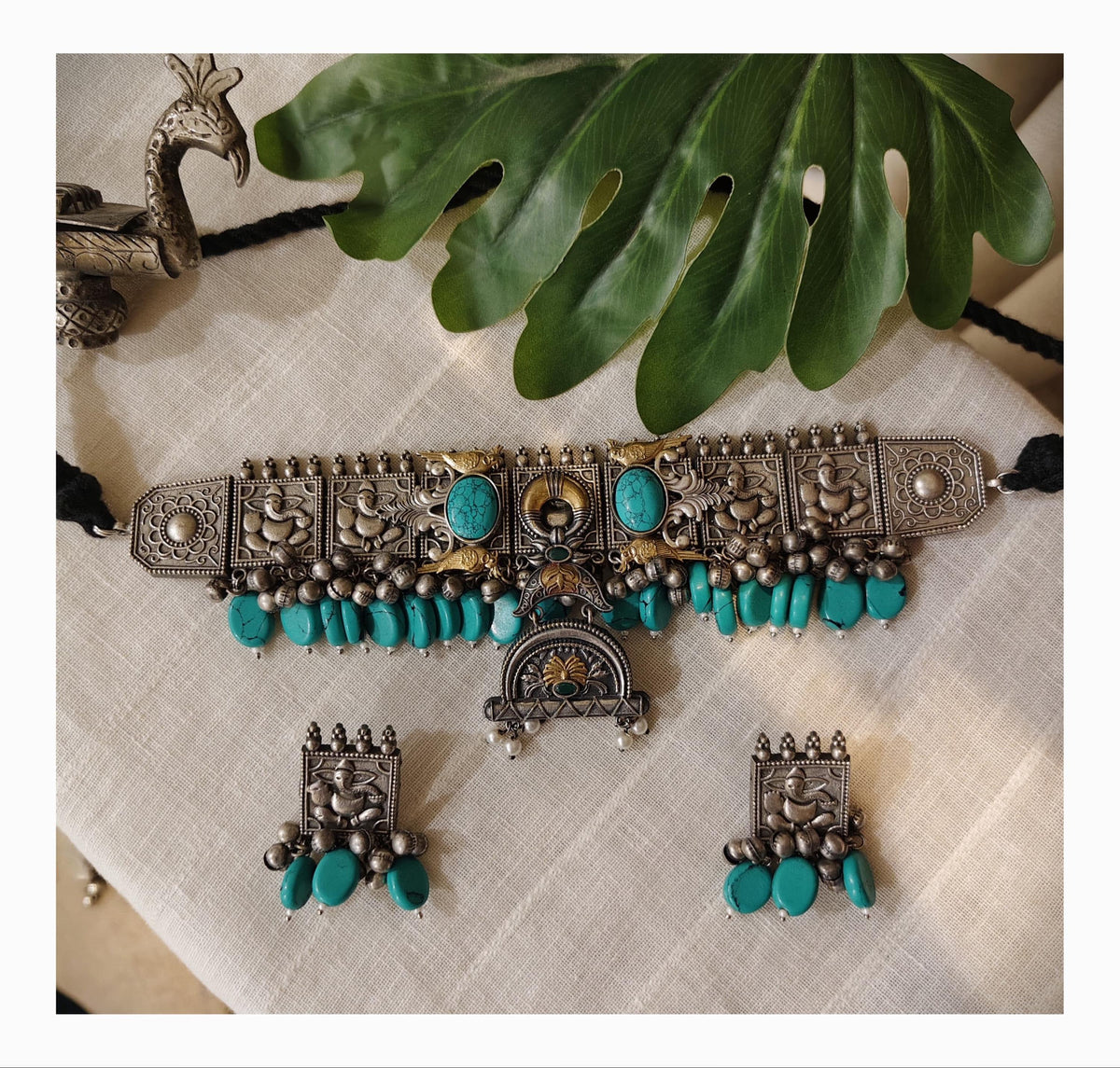 Oxidized Indian Choker Necklace Set | Turquoise Statement Jewelry | Tribal Necklace with Earrings | Wedding Jewelry