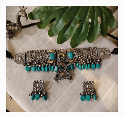 Oxidized Indian Choker Necklace Set | Turquoise Statement Jewelry | Tribal Necklace with Earrings | Wedding Jewelry