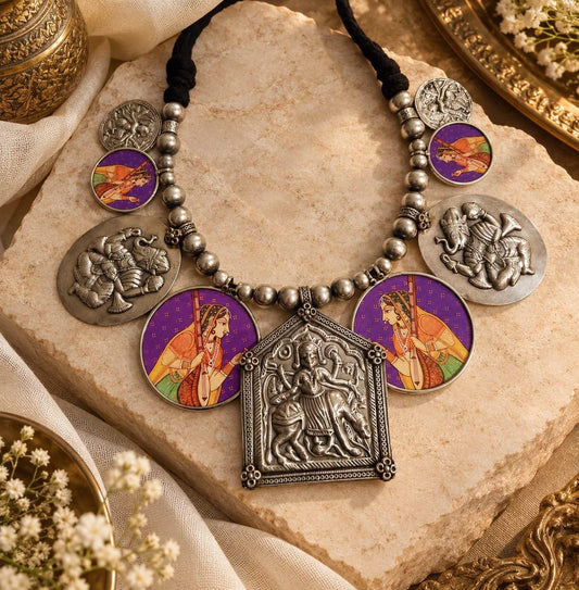 Indian Temple Goddess Necklace | Oxidized Silver, Enamel Accents, Statement Jewelry
