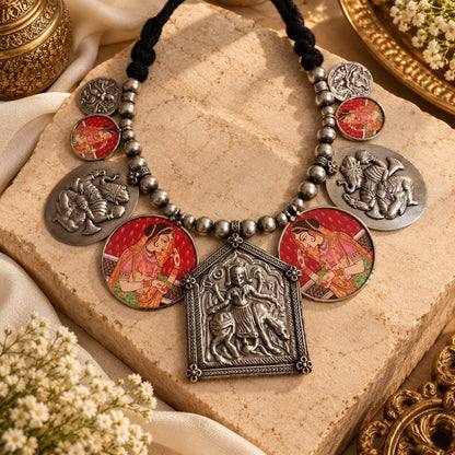 Indian Temple Goddess Necklace | Oxidized Silver, Enamel Accents, Statement Jewelry