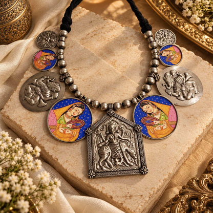 Indian Temple Goddess Necklace | Oxidized Silver, Enamel Accents, Statement Jewelry