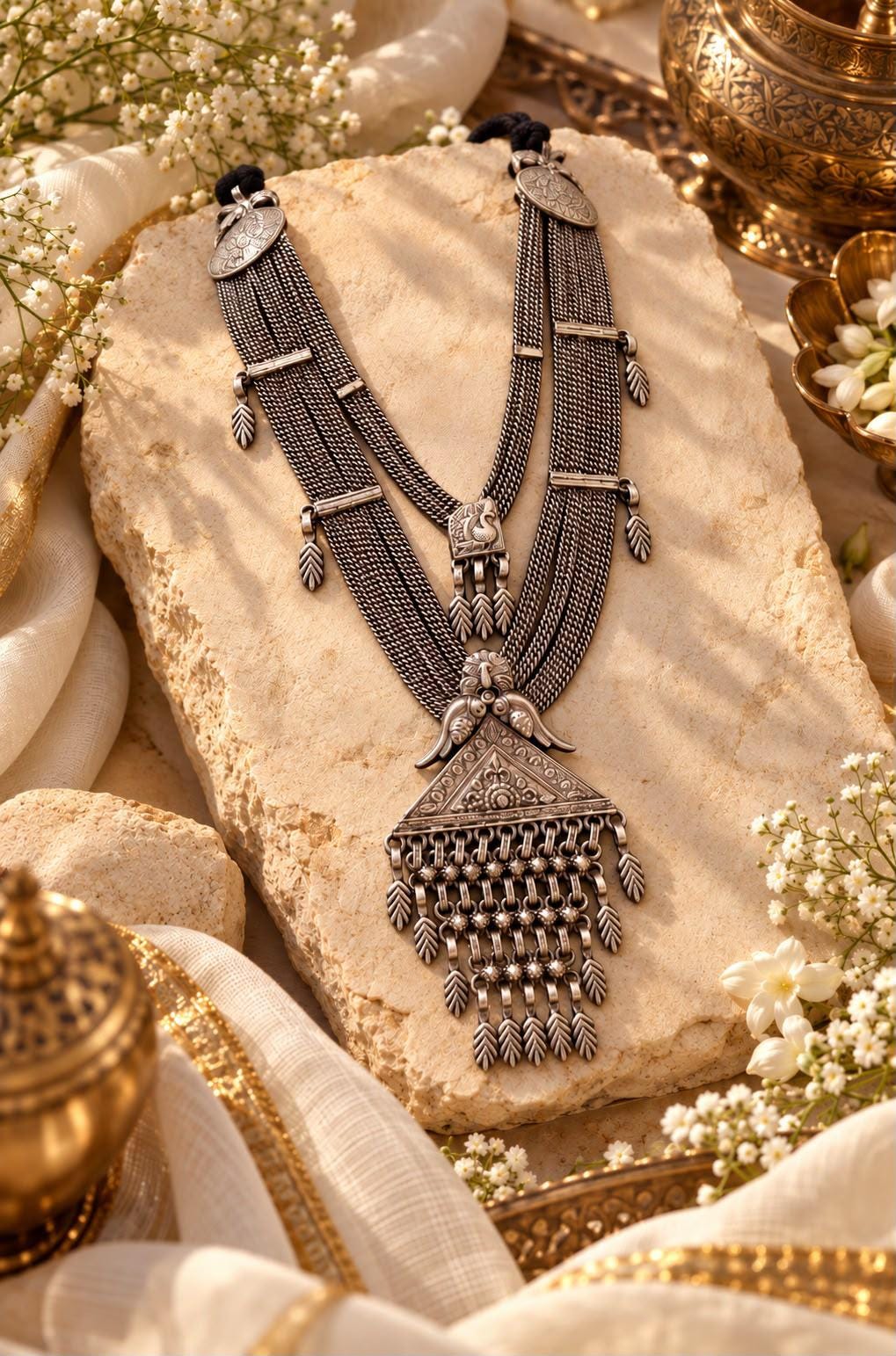 Oxidized Indian Statement Necklace | Multi-Strand Tribal Pendant Jewelry