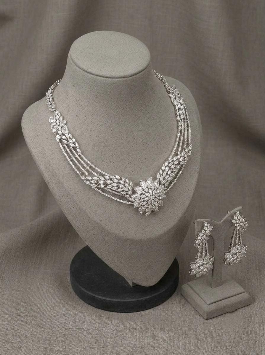 American Diamond Bridal Necklace Set | CZ Floral Statement Jewelry