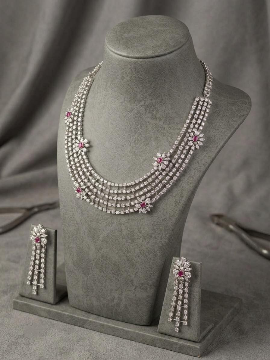 American Diamond Layered Necklace Set | Indian Bridal Jewelry (CZ)