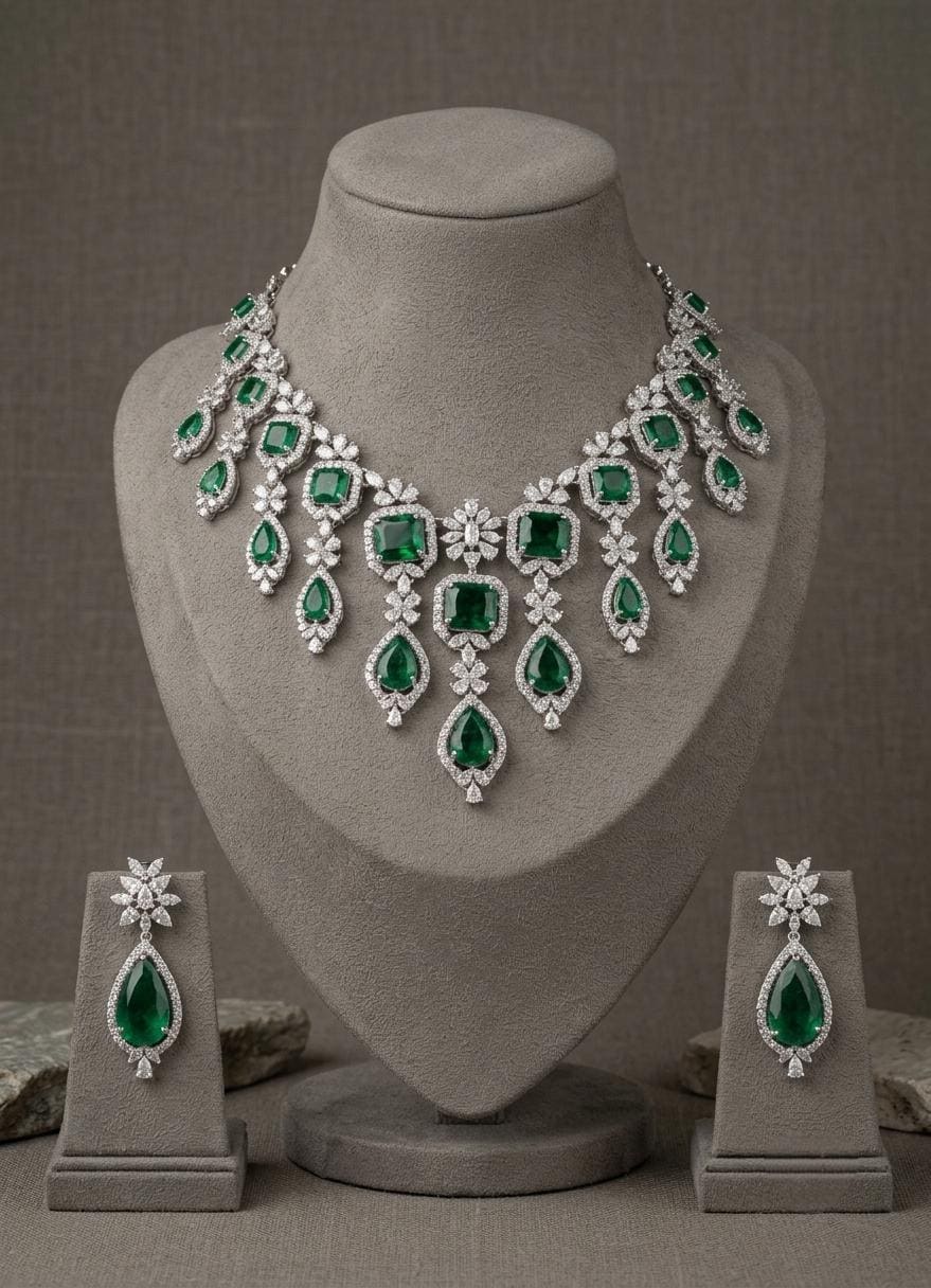 American Diamond Emerald Bridal Necklace Set | Floral CZ Wedding Jewelry