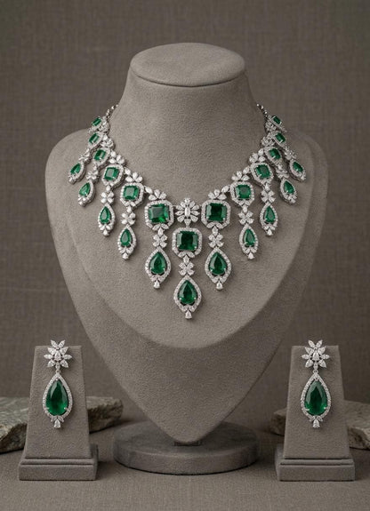 American Diamond Emerald Bridal Necklace Set | Floral CZ Wedding Jewelry