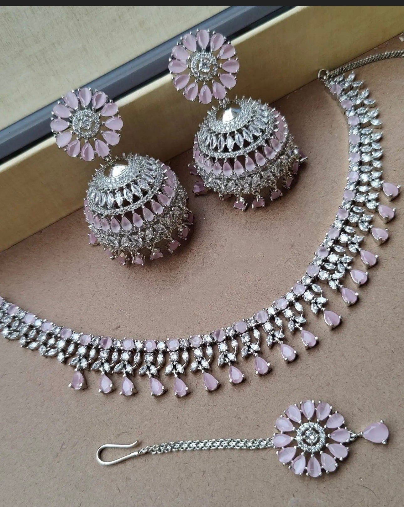 High Quality american diamond Necklace set with Rotating Jhumka and maangtikka jewellery set