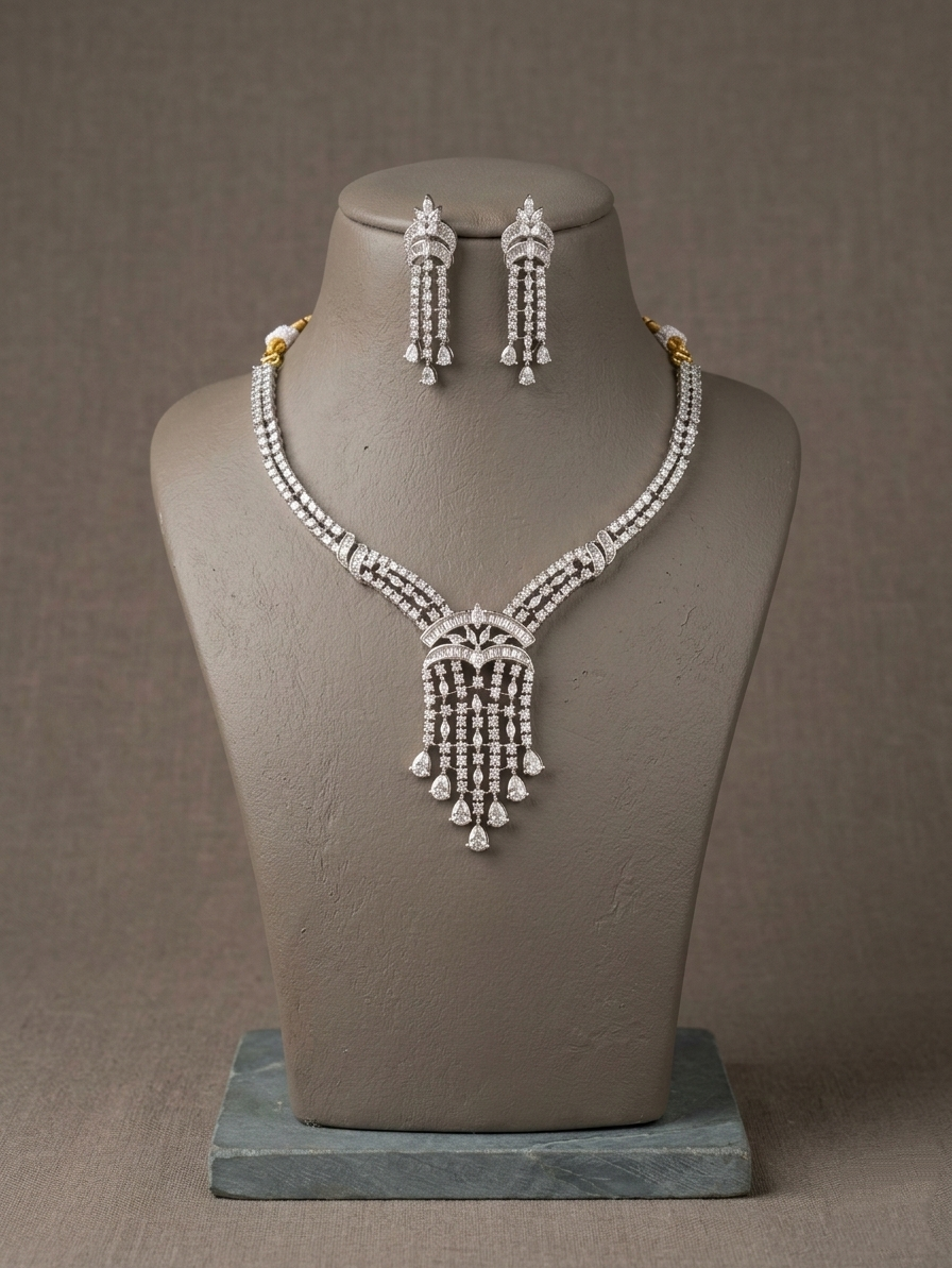 American Diamond Necklace Set, CZ Bridal Jewelry Set, Elegant Wedding Necklace with Dangle Earrings, Silver Tone Statement Party Jewelry Gift for Her