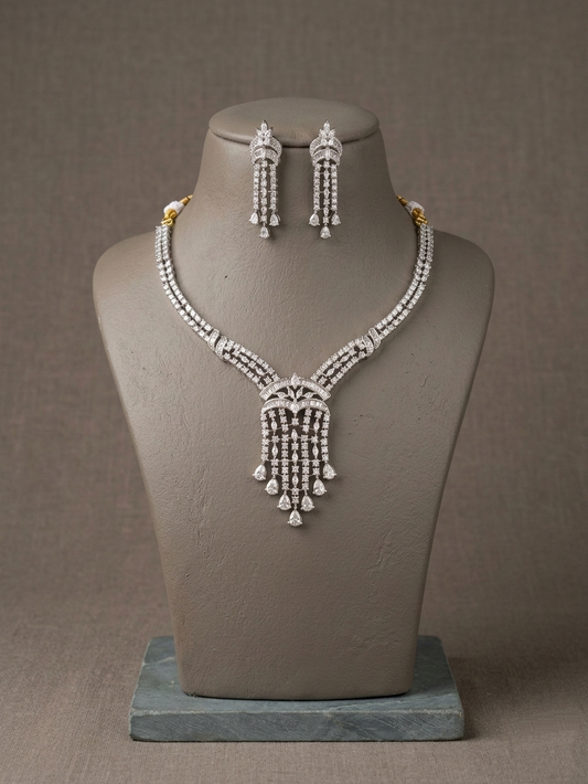 American Diamond Necklace Set, CZ Bridal Jewelry Set, Elegant Wedding Necklace with Dangle Earrings, Silver Tone Statement Party Jewelry Gift for Her