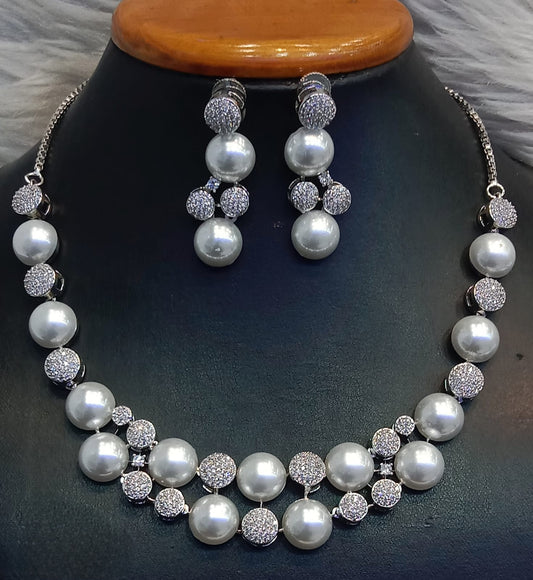 American Diamond pearl Necklace Set with Earrings, occassion necklace