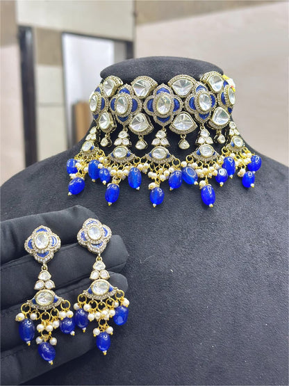 Premium Moissanite Kundan Necklace Set with Earrings  | Royal Indian Bridal Jewelry