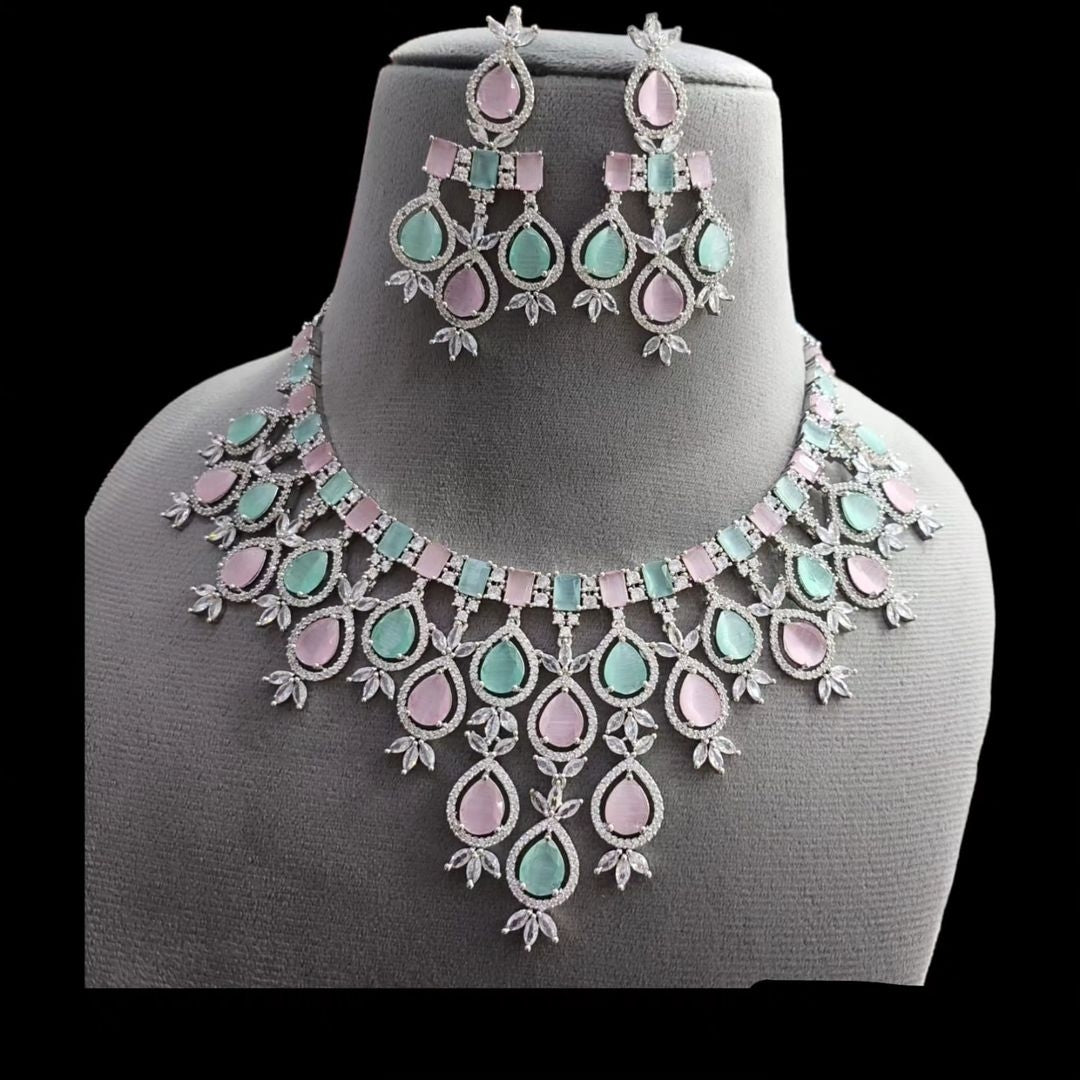 Timeless Opulence: Premium AD CZ American Diamond Necklace and Earrings Jewelry Set