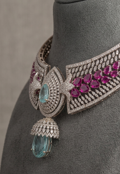 Aqua Blue CZ Choker Necklace Set, Pink Stone Bridal Jewelry, Luxury Statement Choker with Earrings, Wedding Jewelry Gift for Her