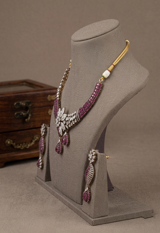 Pink CZ Bridal Necklace Set, Floral Statement Wedding Jewelry, Luxury Kundan Style Necklace with Earrings, Bridesmaid Gift, Elegant Jewelry for Women