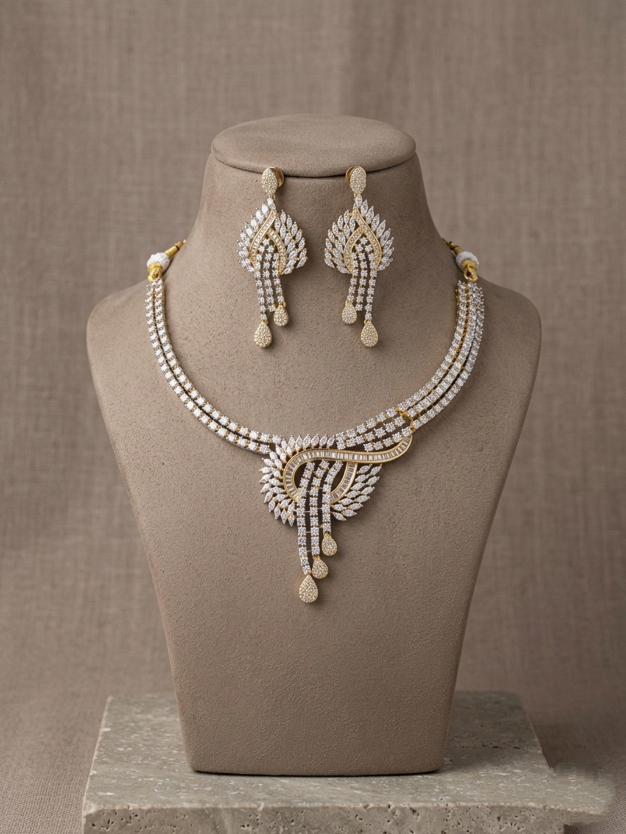 Luxury American Diamond Necklace Set, Gold Plated Bridal Jewelry Set, CZ Wedding Necklace with Long Earrings, Statement Party Jewelry Gift for Her