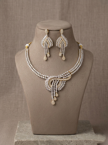 Luxury American Diamond Necklace Set, Gold Plated Bridal Jewelry Set, CZ Wedding Necklace with Long Earrings, Statement Party Jewelry Gift for Her