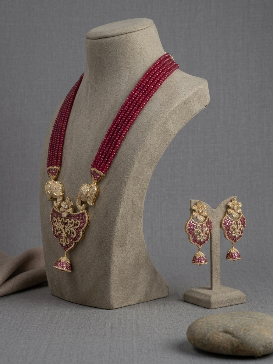 Elephant Motif Ruby Beaded Necklace Set, Temple Jewelry Set, Indian Bridal Jewelry, Red Beads Statement Necklace with Earrings, Festive Wedding Gift for Her