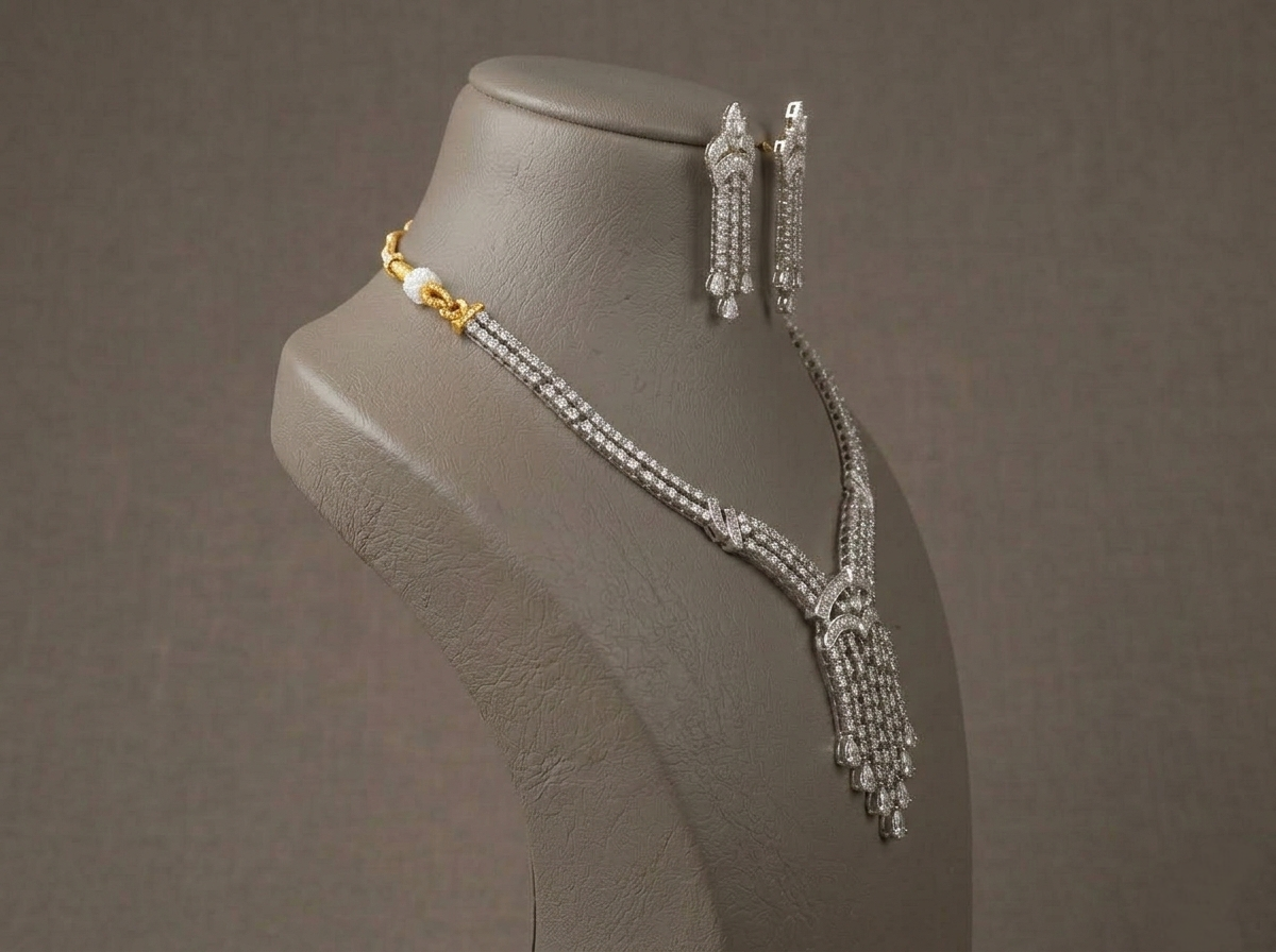 American Diamond Necklace Set, CZ Bridal Jewelry Set, Elegant Wedding Necklace with Dangle Earrings, Silver Tone Statement Party Jewelry Gift for Her