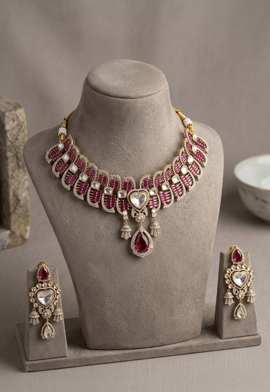 Pink Kundan Bridal Necklace Set, Heart Pendant Wedding Jewelry, Indian Bridal Choker Set with Earrings, Statement Bridesmaid Gift, Luxury Jewelry for Women