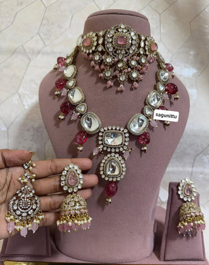 Premium Quality Moissanite Kundan Choker Set with Earrings & Maangtikka | Bridal Jewellery Set