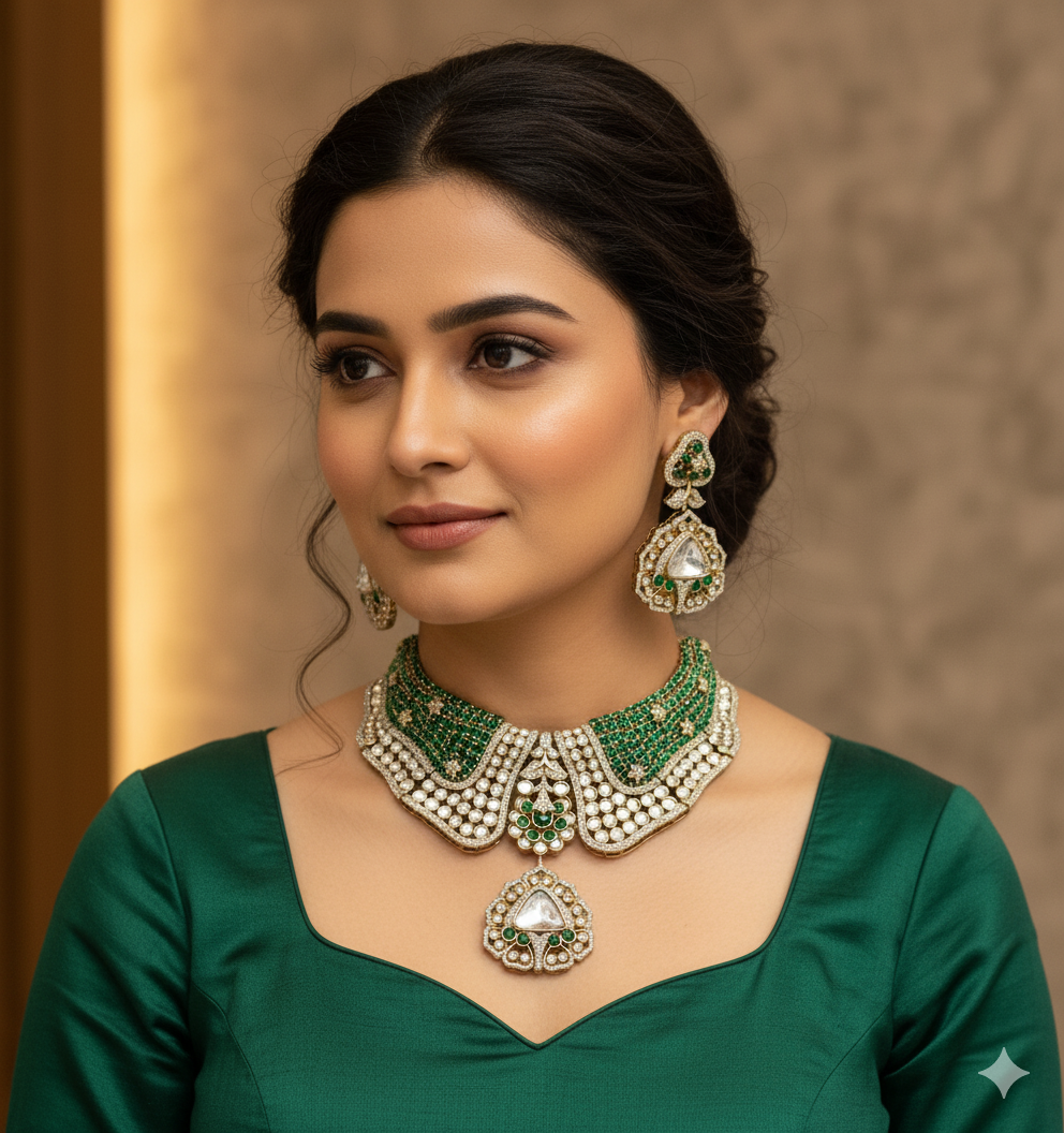 Premium Quality Moissanite Kundan Choker Set with Earrings | Bridal Jewellery Set