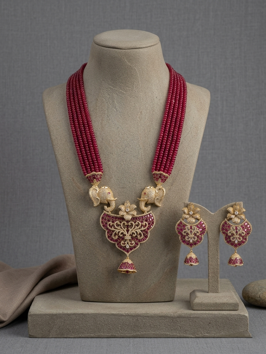 Elephant Motif Ruby Beaded Necklace Set, Temple Jewelry Set, Indian Bridal Jewelry, Red Beads Statement Necklace with Earrings, Festive Wedding Gift for Her