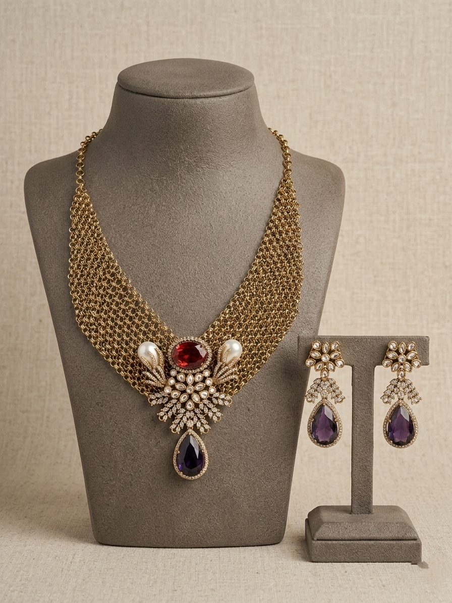 Vintage Gold Statement Necklace Set, Purple Drop CZ Jewelry Set, Bridal Choker with Earrings, Antique Style Wedding Jewelry Gift for Her