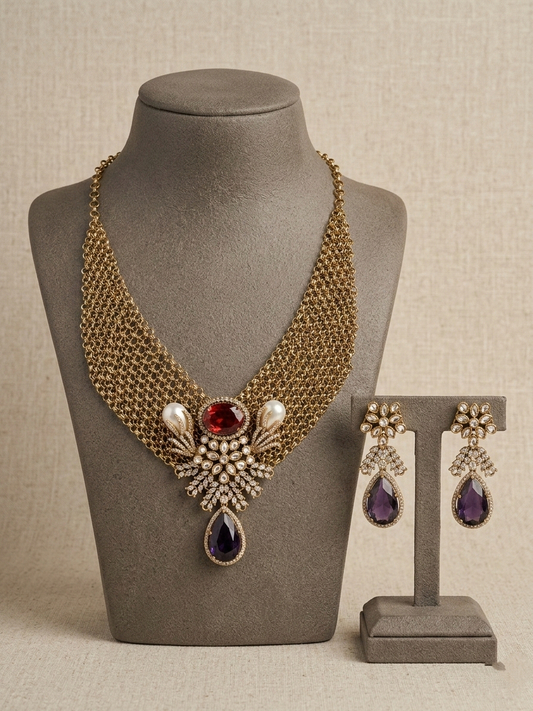 Vintage Gold Statement Necklace Set, Purple Drop CZ Jewelry Set, Bridal Choker with Earrings, Antique Style Wedding Jewelry Gift for Her