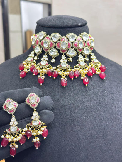 Premium Moissanite Kundan Necklace Set with Earrings  | Royal Indian Bridal Jewelry