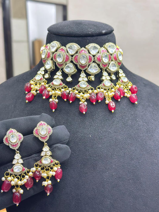 Premium Moissanite Kundan Necklace Set with Earrings  | Royal Indian Bridal Jewelry