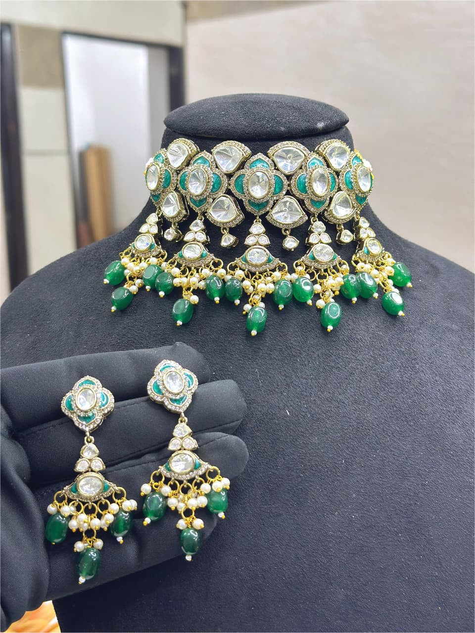 Premium Moissanite Kundan Necklace Set with Earrings  | Royal Indian Bridal Jewelry