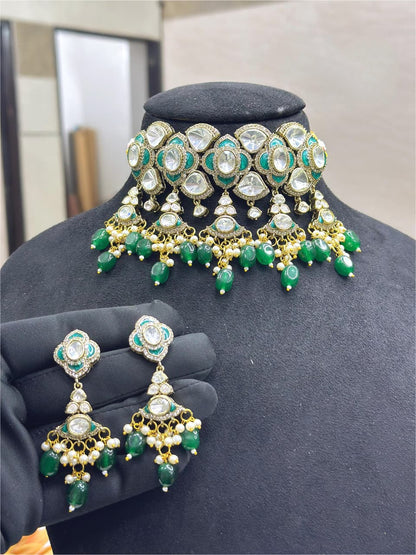 Premium Moissanite Kundan Necklace Set with Earrings  | Royal Indian Bridal Jewelry