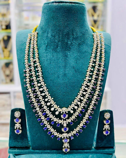 Premium Replica AD CZ 3-Layer Long Necklace Set with Matching Earrings – Elegant Jewelry Set