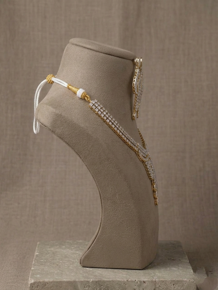 Luxury American Diamond Necklace Set, Gold Plated Bridal Jewelry Set, CZ Wedding Necklace with Long Earrings, Statement Party Jewelry Gift for Her