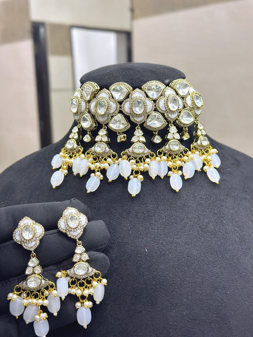 Premium Moissanite Kundan Necklace Set with Earrings  | Royal Indian Bridal Jewelry