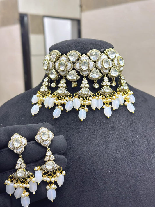 Premium Moissanite Kundan Necklace Set with Earrings  | Royal Indian Bridal Jewelry