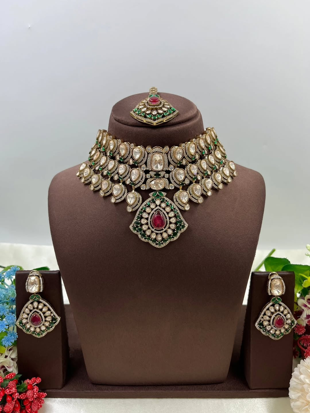 Royal Kundan Choker Set with Ruby & Emerald Accents , Indian Wedding Necklace, Earrings, Maangtikka